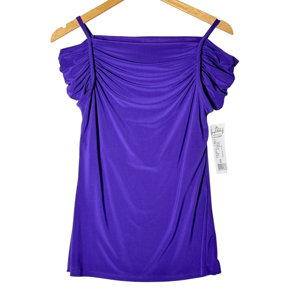 Joseph Ribkoff Womens Size 6 Purple Ruched Cold Shoulder Top Party Cocktail